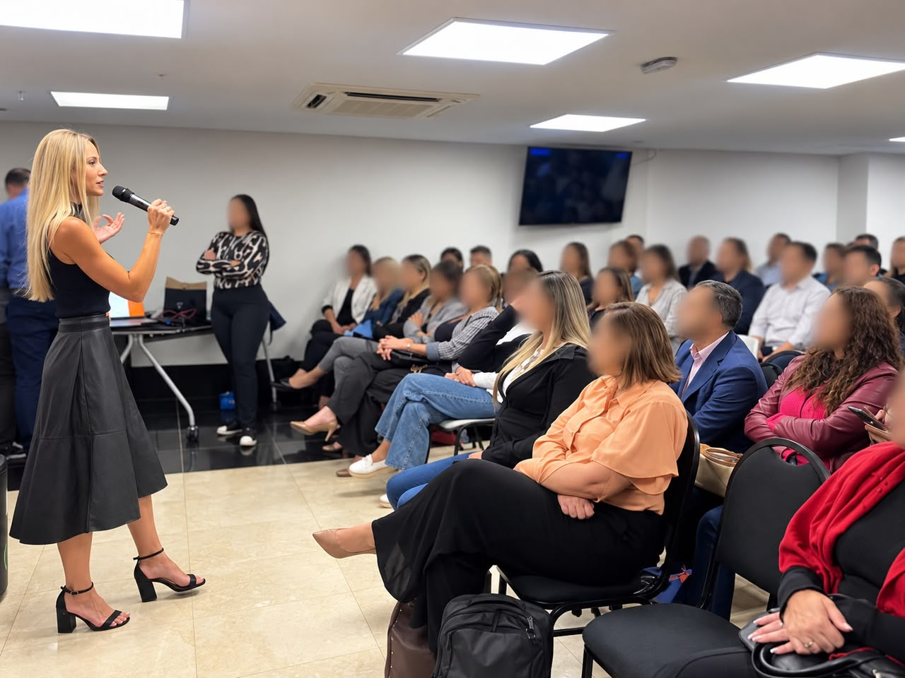 Especialista palestrando sobre planos de saúde e seguros para uma sala de profissionais