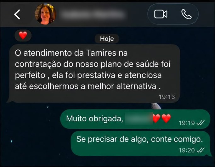 Depoimento de cliente elogiando o atendimento na contratação do plano de saúde